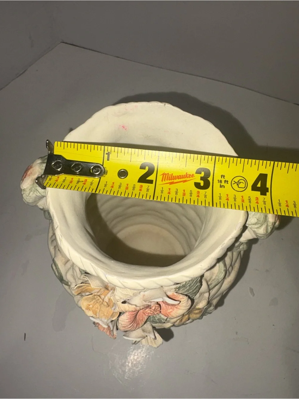 Vintage Cream Ceramic Basketweave Vase with Floral Appliqués